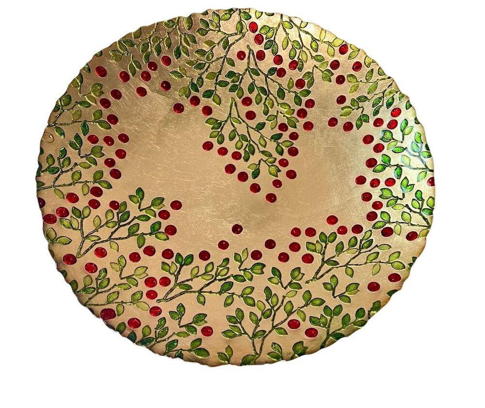 VIETRI Cranberry Hand Painted Glass Round Platter W Gilded Gold Finish 15.5”